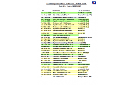 Calendrier hivernal 2026-2027